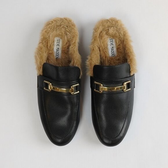 Steve Madden Khloe Faux-Fur lined Leather Mules Black Gold - Women's 9.5 - Picture 2 of 6